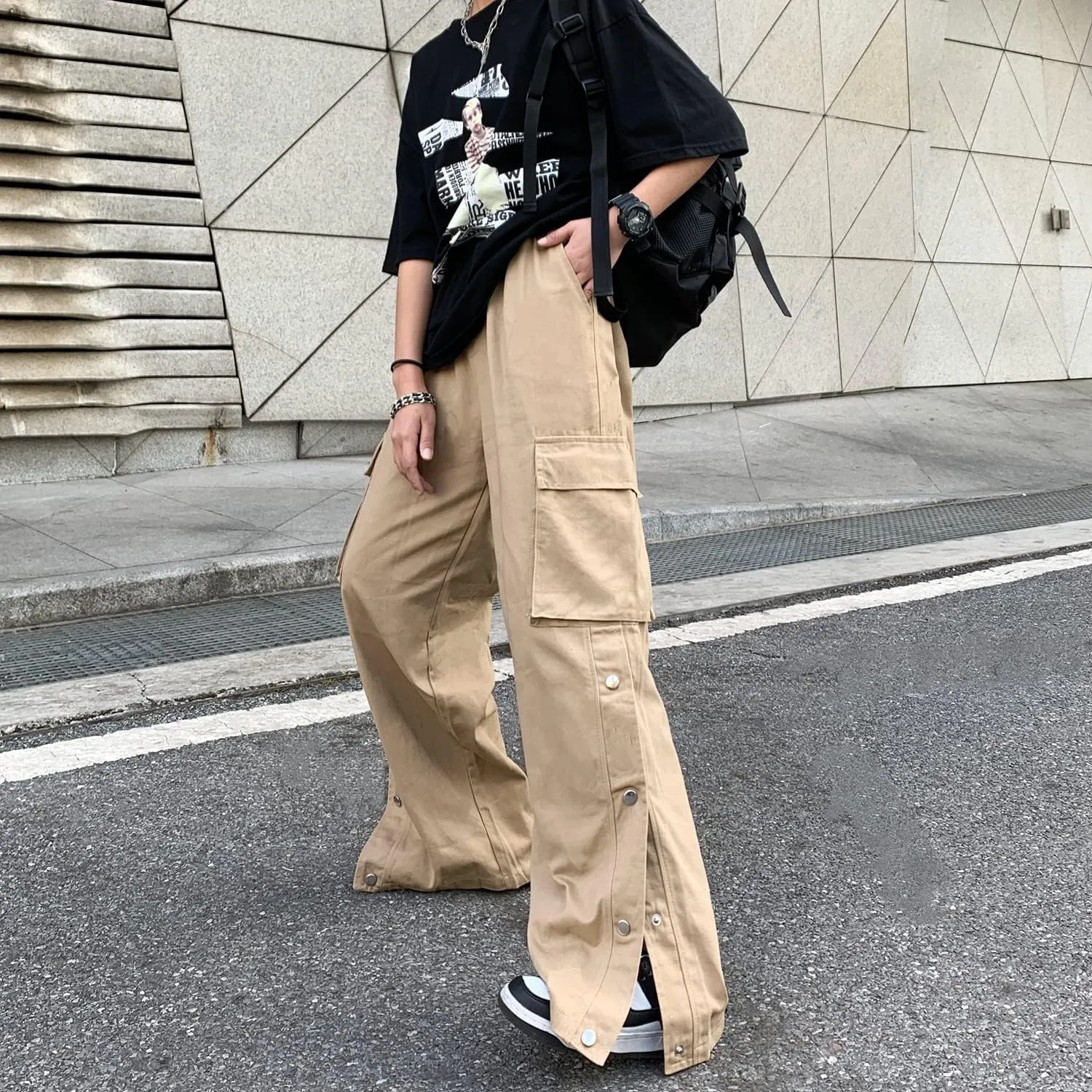 Linsennia Gothic Cargo Pants with Pockets for Men Women Girls Side Slit Baggy Streetwear Y2K Pants