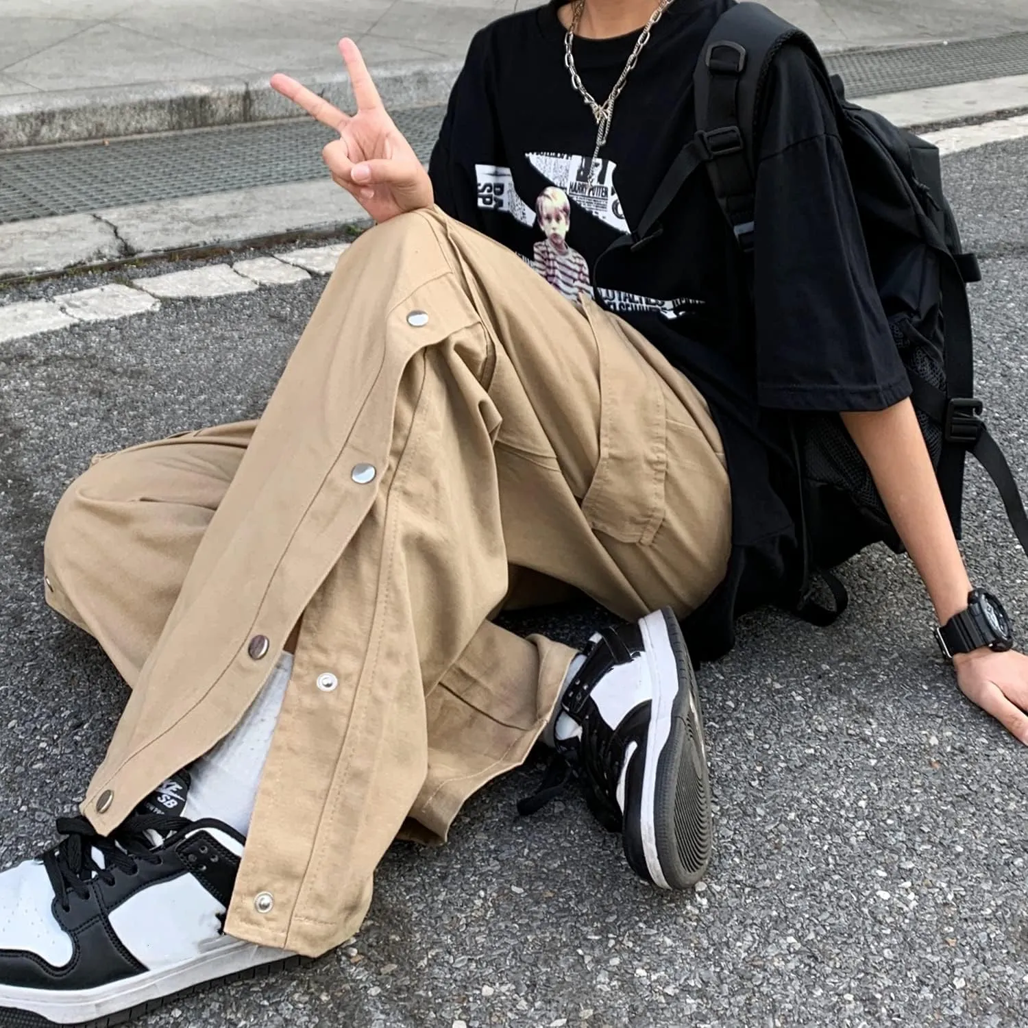 Linsennia Gothic Cargo Pants with Pockets for Men Women Girls Side Slit Baggy Streetwear Y2K Pants