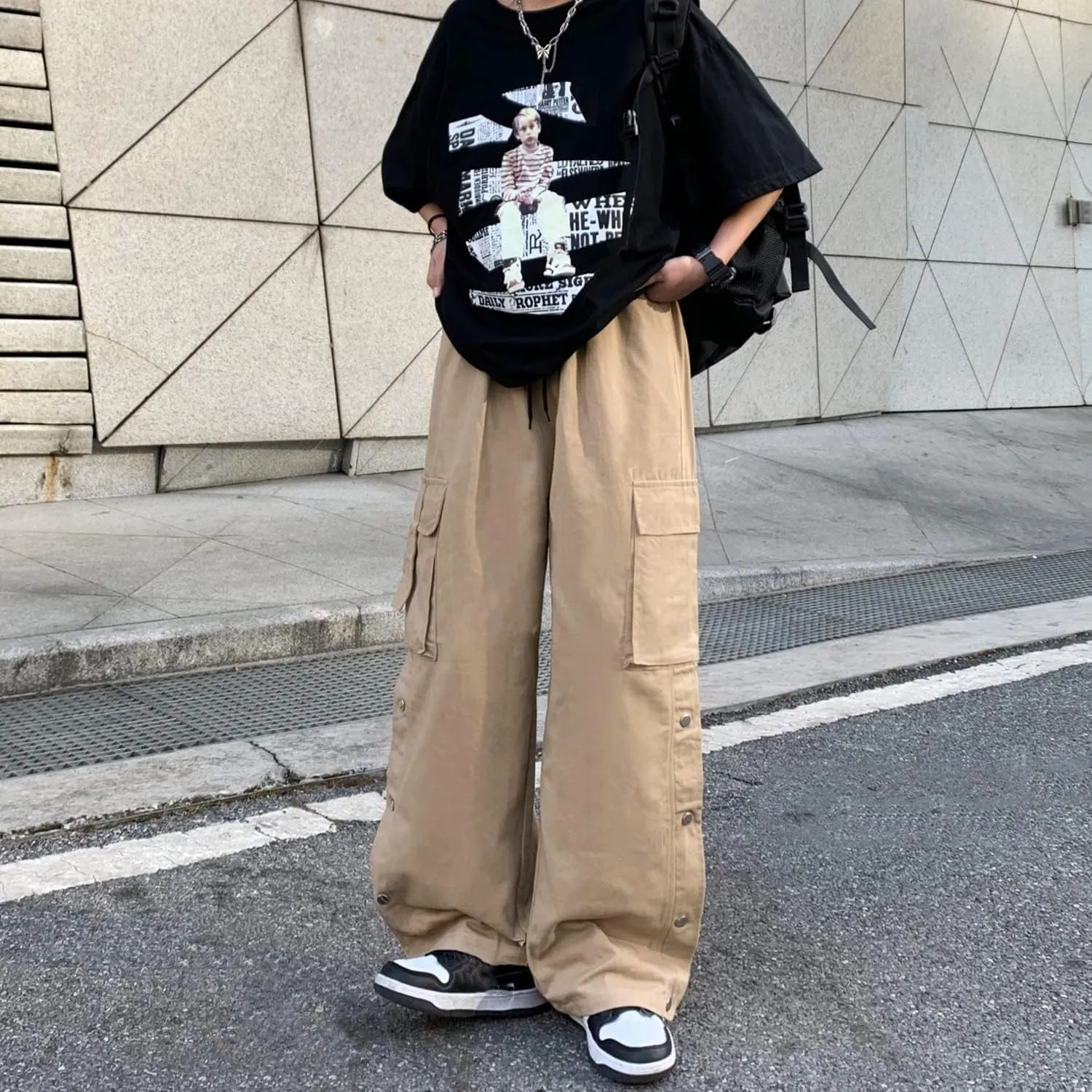 Linsennia Gothic Cargo Pants with Pockets for Men Women Girls Side Slit Baggy Streetwear Y2K Pants