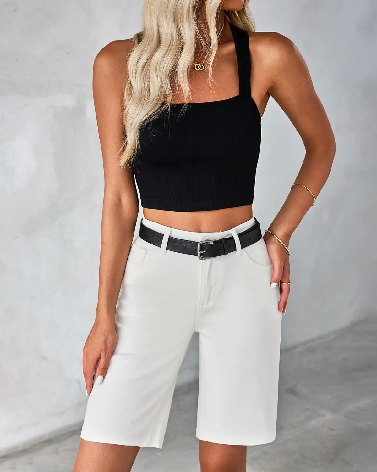 LookbookStore Bermuda Shorts for Women High Waisted Classic Casual Long Jean Shorts Stretchy Denim Jorts with Pockets
