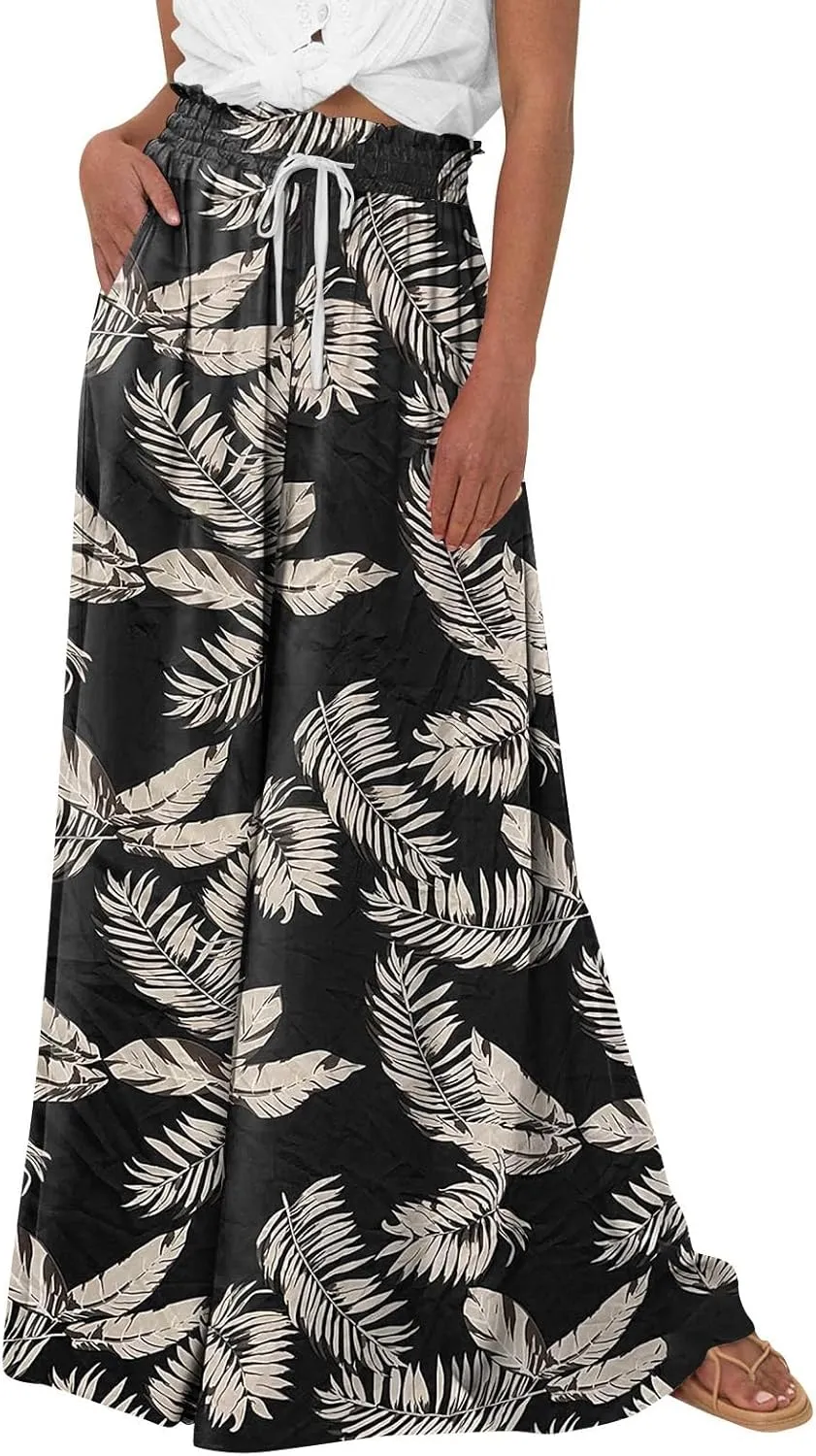 Loose Pants for Women Baggy Boho High Waisted Bohemian Print Flowy Loose Fit Plus Size Wide Leg Trousers