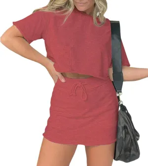 Lounge Cropped Tee Skort Set, Sweat Skirt Sets Women 2 Piece Outfits, Crop Tops with Shorts 2 Piece Outfit Set