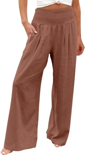 LRMQS Linen Wide Leg Pants Women Summer Casual Drawstring Elastic High Waist Trousers Resort Wear Beach Trendy Palazzo Pant