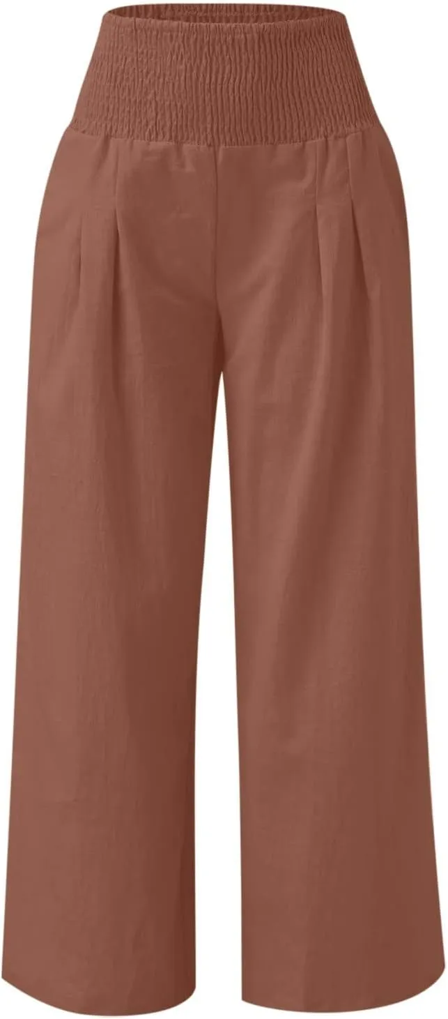 LRMQS Linen Wide Leg Pants Women Summer Casual Drawstring Elastic High Waist Trousers Resort Wear Beach Trendy Palazzo Pant