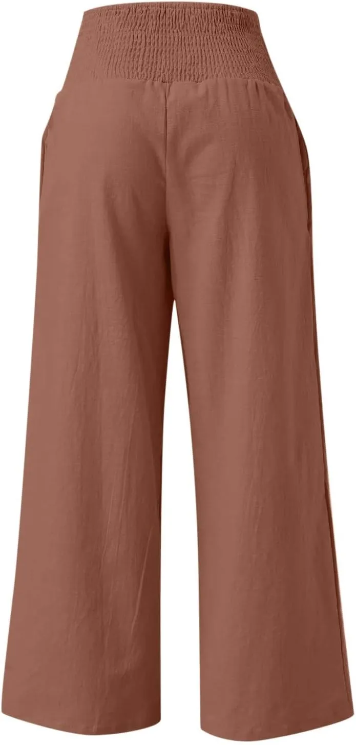 LRMQS Linen Wide Leg Pants Women Summer Casual Drawstring Elastic High Waist Trousers Resort Wear Beach Trendy Palazzo Pant
