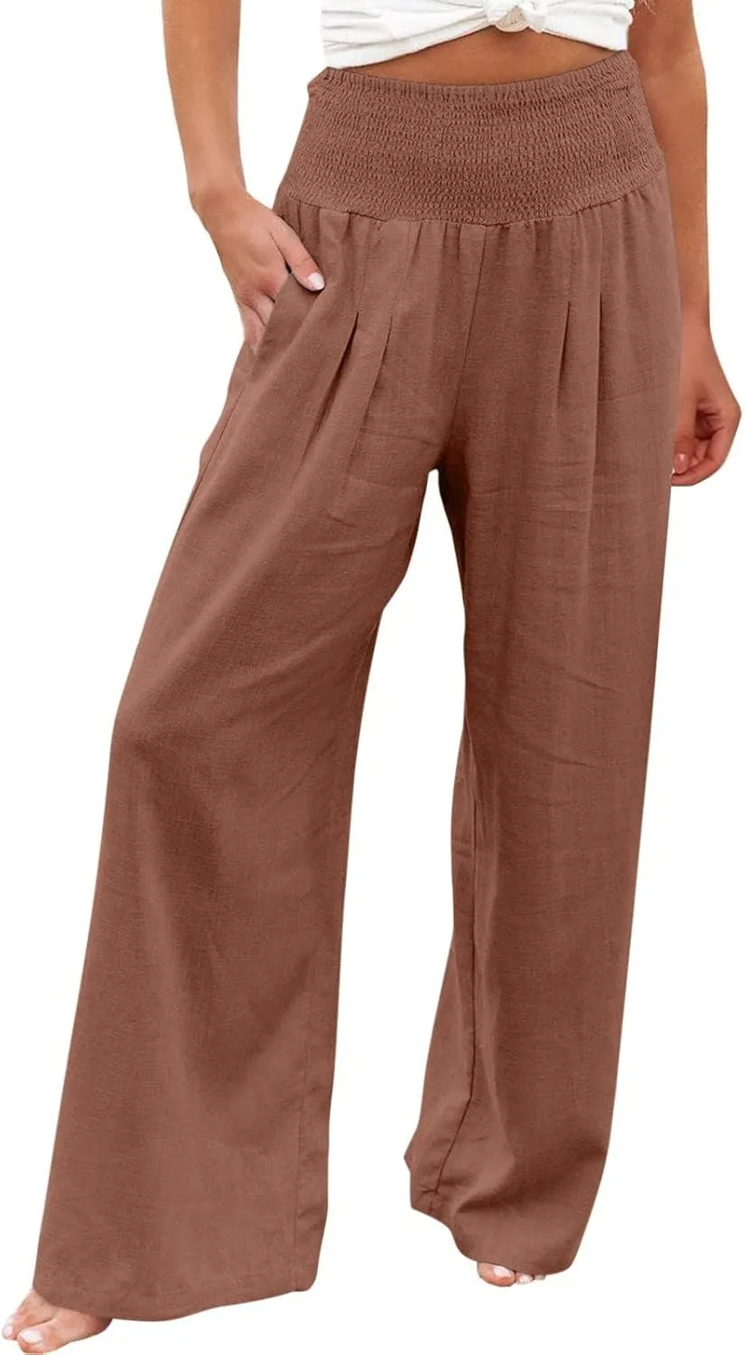 LRMQS Linen Wide Leg Pants Women Summer Casual Drawstring Elastic High Waist Trousers Resort Wear Beach Trendy Palazzo Pant