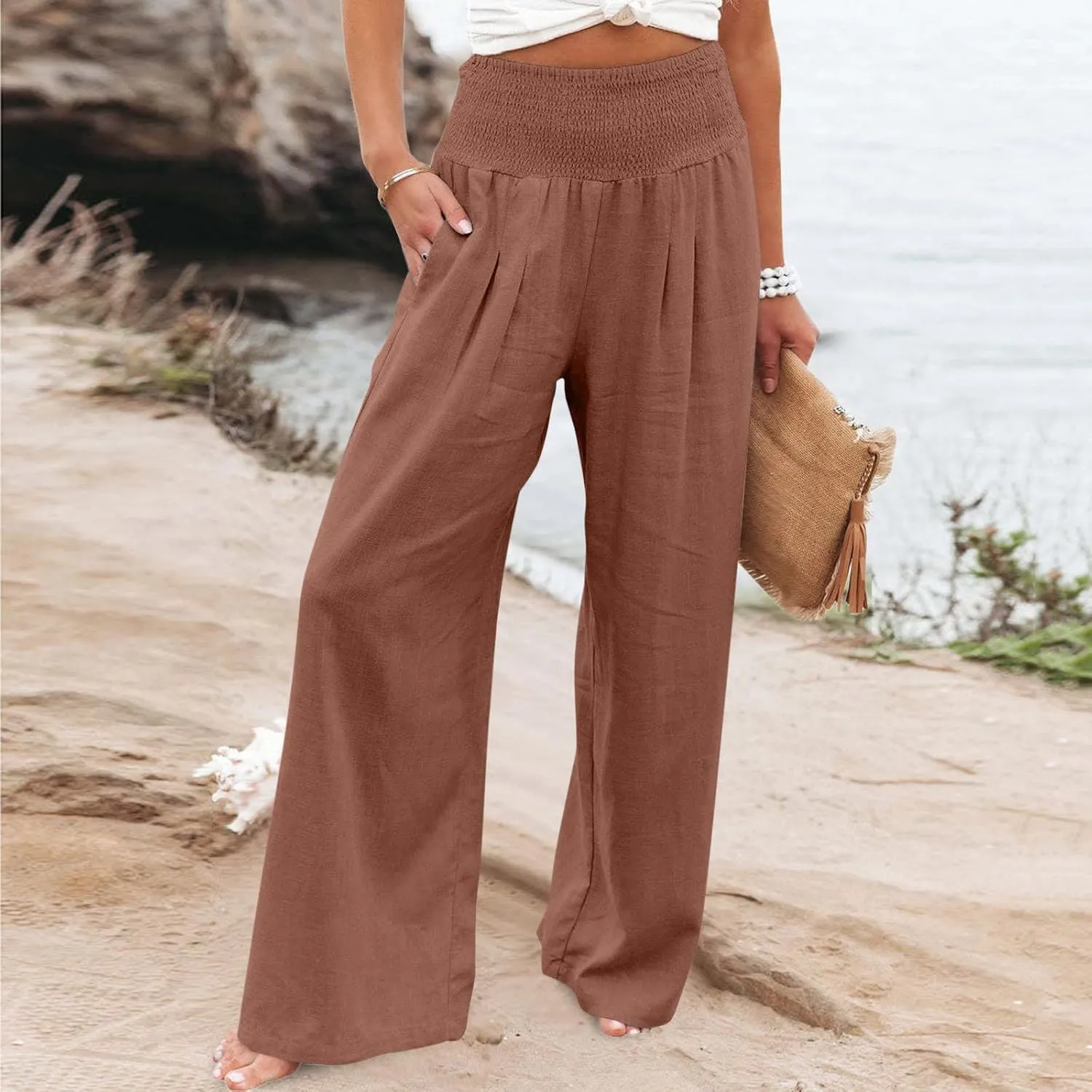 LRMQS Linen Wide Leg Pants Women Summer Casual Drawstring Elastic High Waist Trousers Resort Wear Beach Trendy Palazzo Pant
