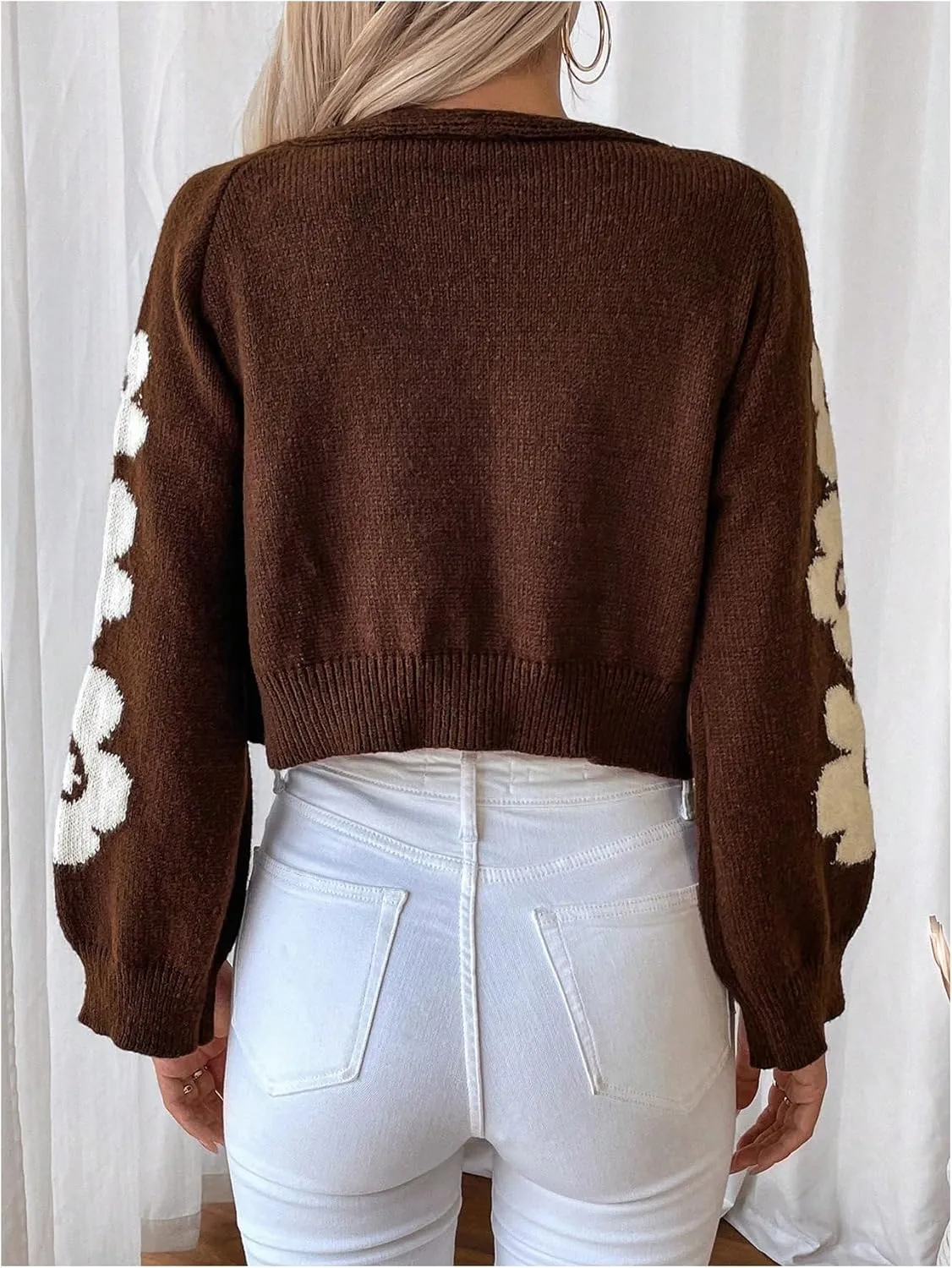 MakeMeChic Women's Floral Cropped Cardigan Sweater Bell Sleeve Button Down Knitwear