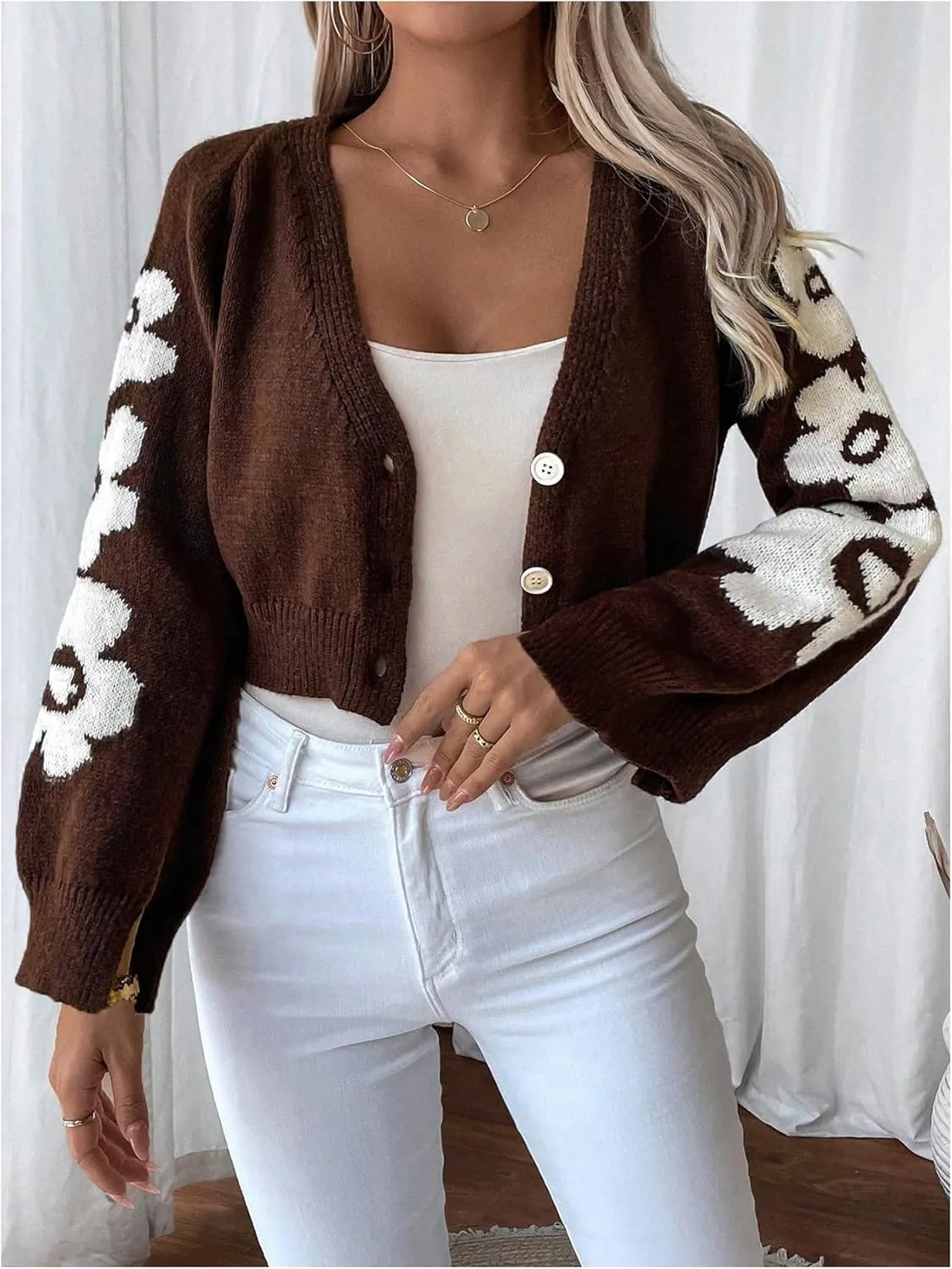 MakeMeChic Women's Floral Cropped Cardigan Sweater Bell Sleeve Button Down Knitwear