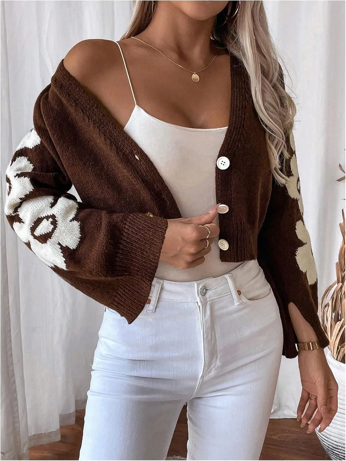MakeMeChic Women's Floral Cropped Cardigan Sweater Bell Sleeve Button Down Knitwear