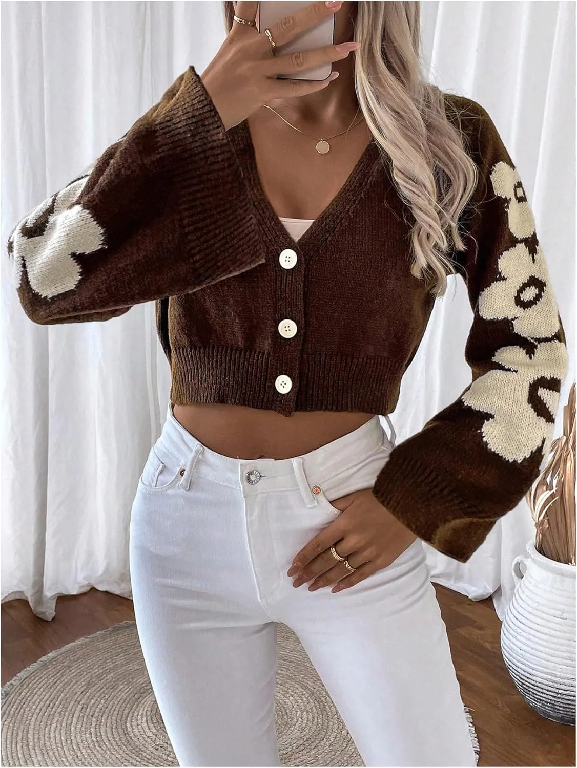 MakeMeChic Women's Floral Cropped Cardigan Sweater Bell Sleeve Button Down Knitwear