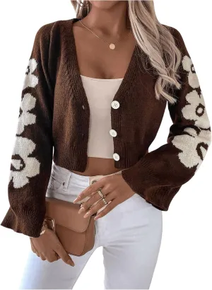 MakeMeChic Women's Floral Cropped Cardigan Sweater Bell Sleeve Button Down Knitwear