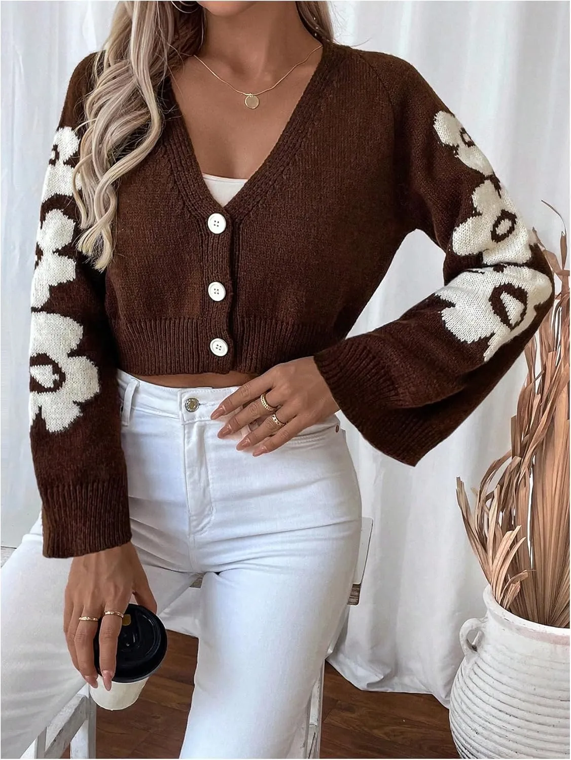 MakeMeChic Women's Floral Cropped Cardigan Sweater Bell Sleeve Button Down Knitwear