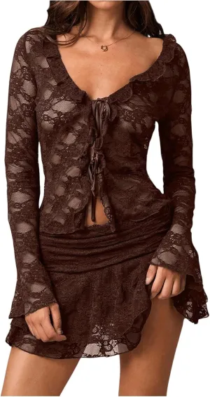 MakeMeChic Women's V Neck Mesh Sheer Floral Lace Tie Front Flare Sleeve Tee Crop Tops