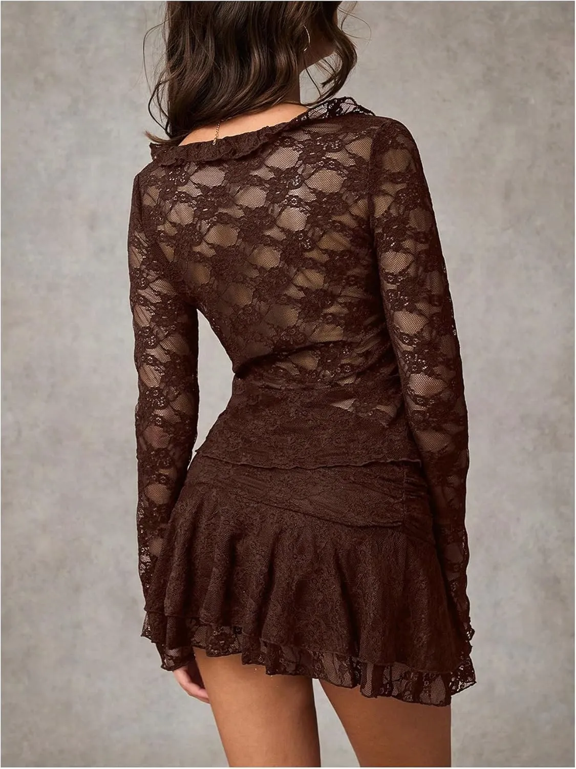 MakeMeChic Women's V Neck Mesh Sheer Floral Lace Tie Front Flare Sleeve Tee Crop Tops