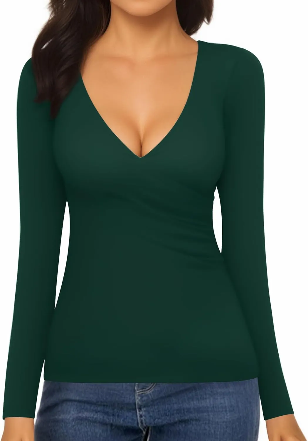 MANGOPOP Women's Cross Wrap Ruched Plunge Sexy Deep V Neck Slim Fit Long Sleeve Fleece Lined T Shirt Tunic Tops Tee