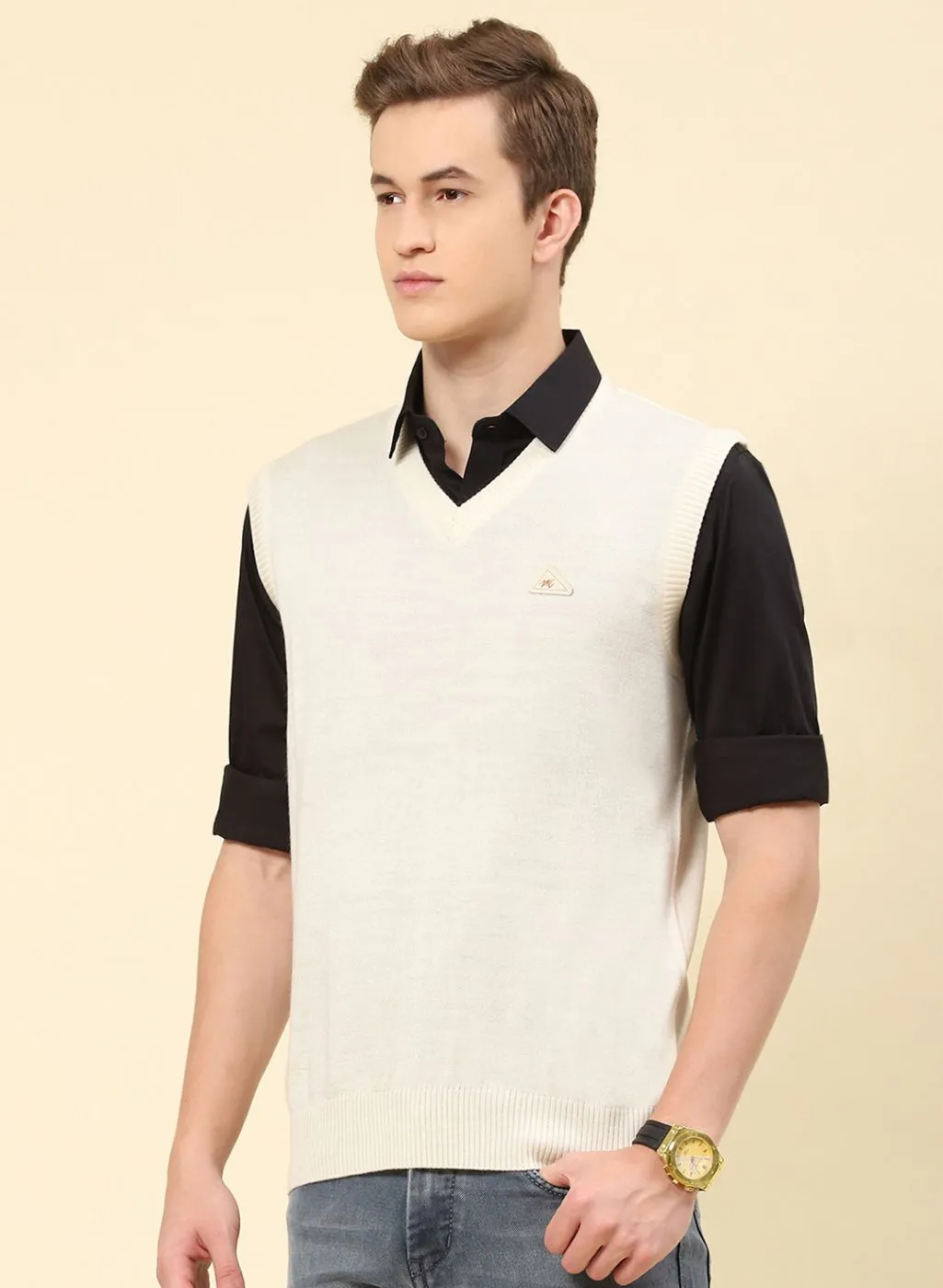 Men Cream Solid Blend wool Sweater