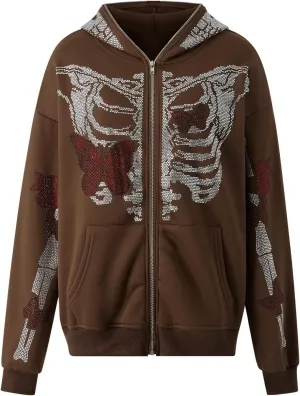Men Rhinestone Y2k Full Zip Up Hoodies Women Oversized Skull Skeleton Sweatshirt Zip Over Face Gothic Jacket