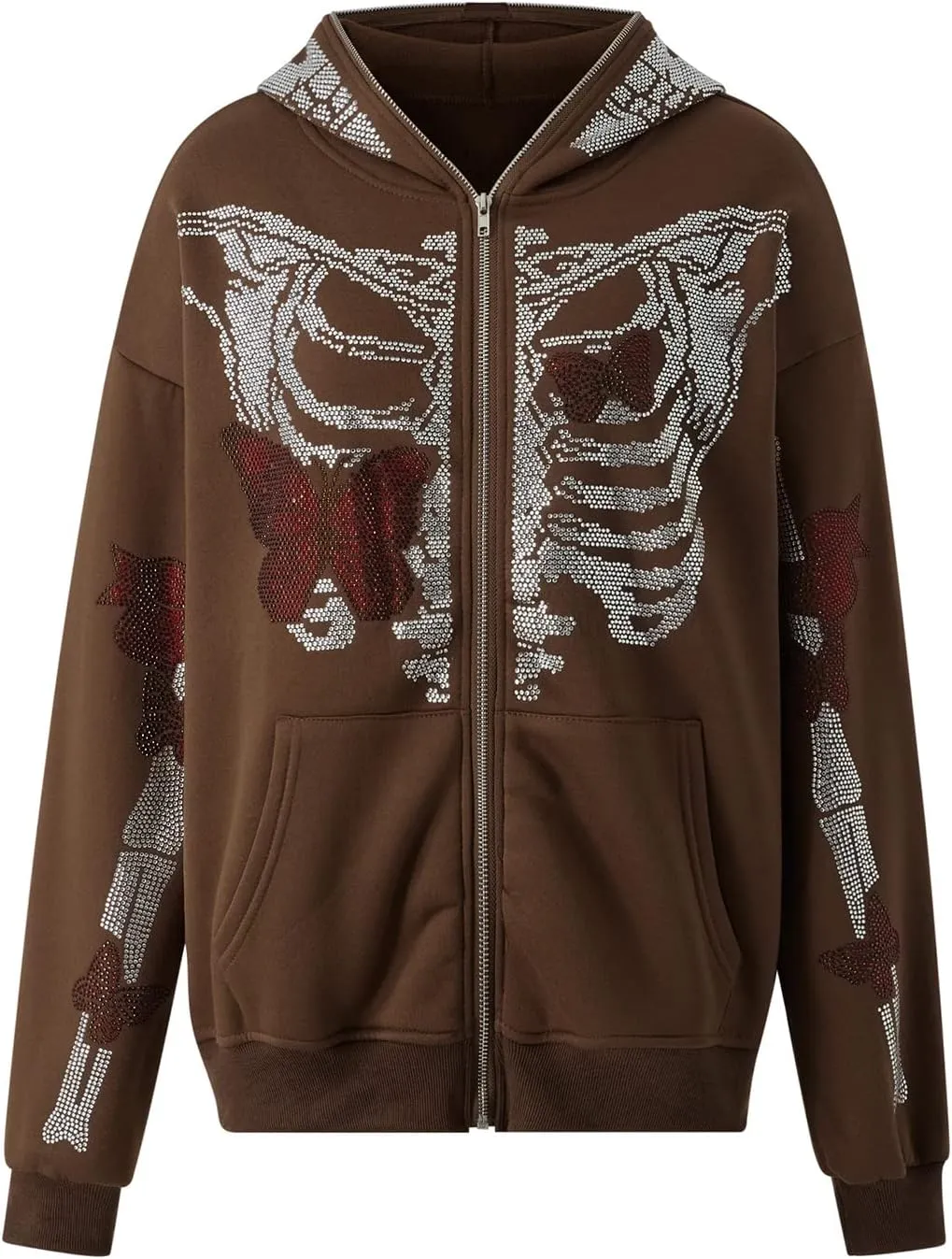 Men Rhinestone Y2k Full Zip Up Hoodies Women Oversized Skull Skeleton Sweatshirt Zip Over Face Gothic Jacket