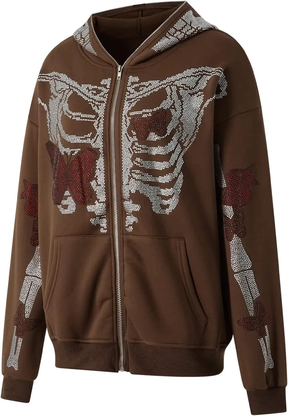 Men Rhinestone Y2k Full Zip Up Hoodies Women Oversized Skull Skeleton Sweatshirt Zip Over Face Gothic Jacket