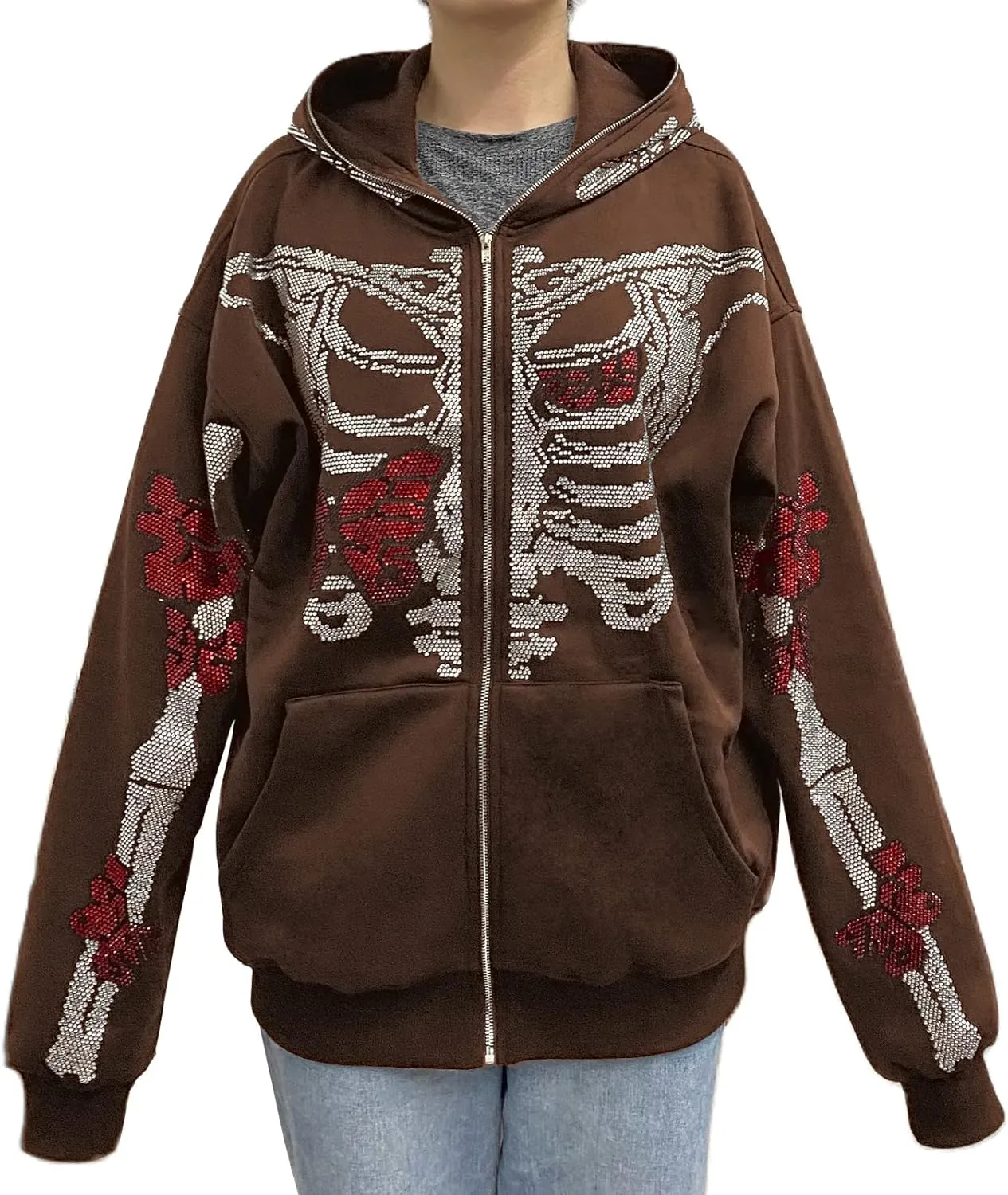 Men Rhinestone Y2k Full Zip Up Hoodies Women Oversized Skull Skeleton Sweatshirt Zip Over Face Gothic Jacket