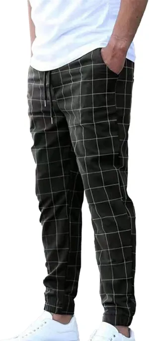 Men's Business Work Pants Casual Slim Fit Elastic Waist Drawstring Plaid Trousers Fashion Dress Pant with Pockets