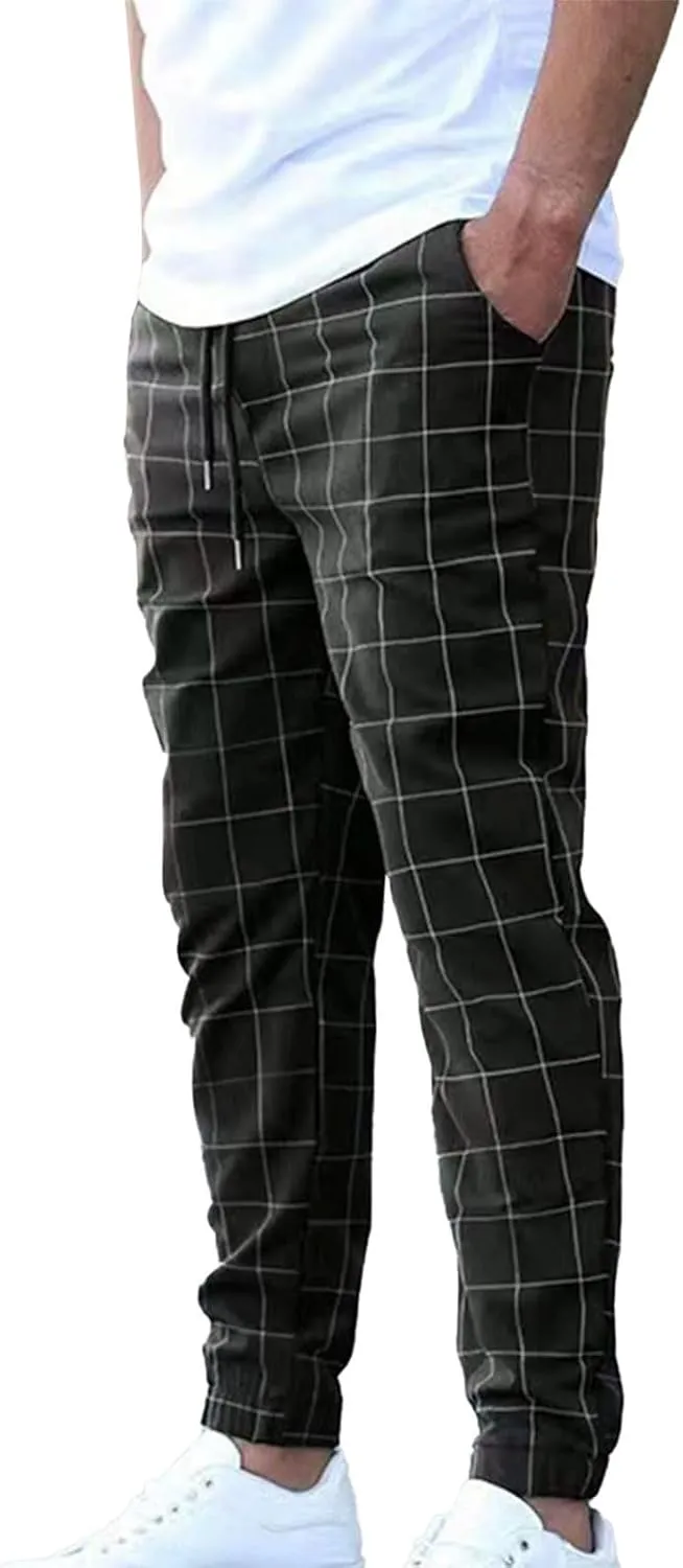 Men's Business Work Pants Casual Slim Fit Elastic Waist Drawstring Plaid Trousers Fashion Dress Pant with Pockets