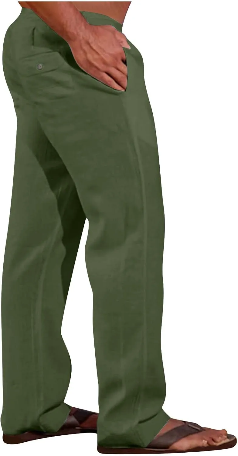 Mens Going Out Casual Pants Cotton Linen Blend Trousers Elastic Drawstring Waist Work Pant Solid New Comfy Clothing
