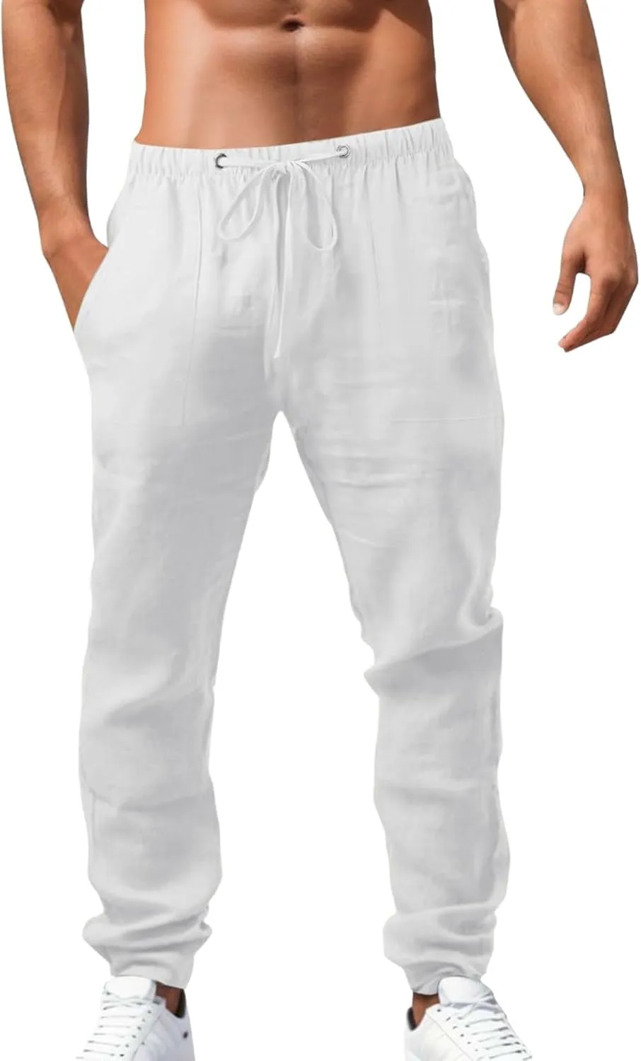 Men's Linen Pants Elastic Drawstring Casual Loose Fit Beach Summer Trousers Lightweight Slacks Yoga Outfits