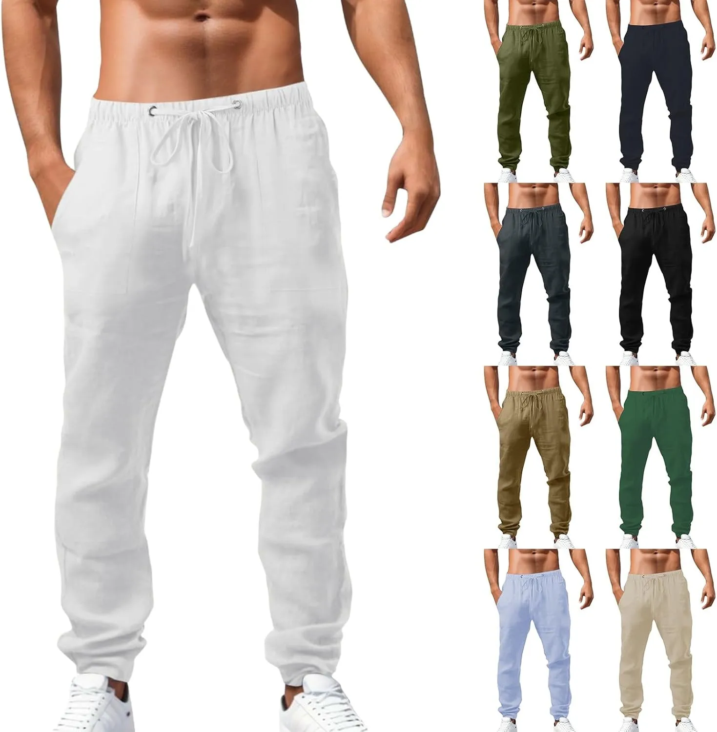 Men's Linen Pants Elastic Drawstring Casual Loose Fit Beach Summer Trousers Lightweight Slacks Yoga Outfits