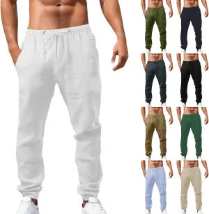 Men's Linen Pants Elastic Drawstring Casual Loose Fit Beach Summer Trousers Lightweight Slacks Yoga Outfits