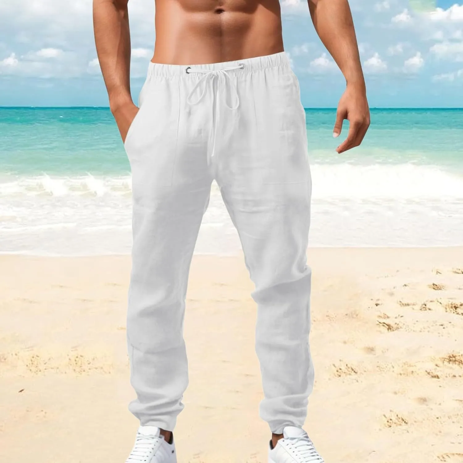 Men's Linen Pants Elastic Drawstring Casual Loose Fit Beach Summer Trousers Lightweight Slacks Yoga Outfits