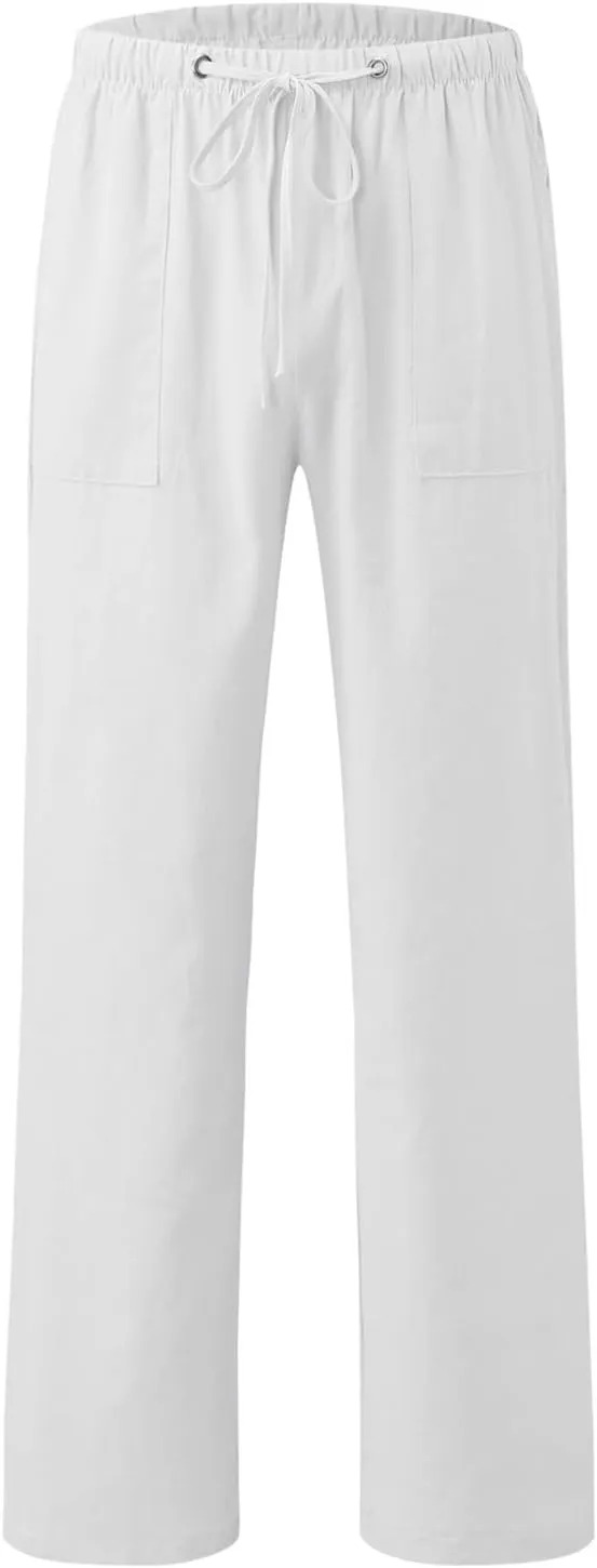 Men's Linen Pants Elastic Drawstring Casual Loose Fit Beach Summer Trousers Lightweight Slacks Yoga Outfits