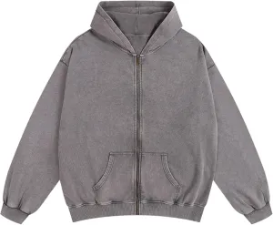 Mens Oversized Sweatshirt Zip Up Hoodie Solid Wash Old Craft Basic Jackets Unisex Heavyweight Casual Sweatshirts