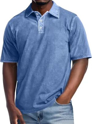 Men's Polo Shirts Short Sleeve Casual Summer Tee Tops Distressed Washed Button Cotton T-Shirt