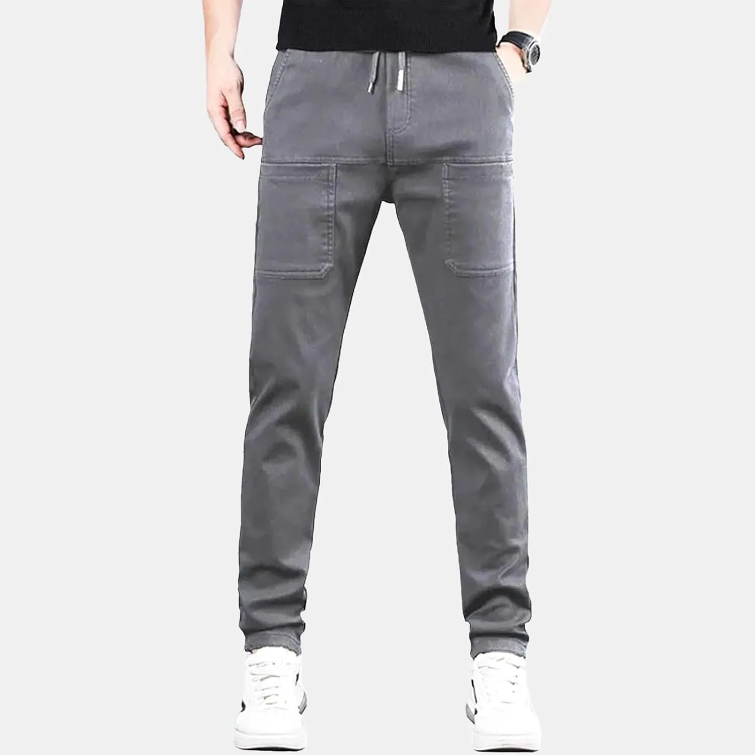Mens Stretch Cargo Pants Straight Leg Slim Fit Multi Pockets Trousers Elastic Waist Casual Sweatpants High Stretchy