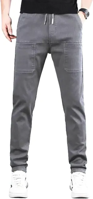 Mens Stretch Cargo Pants Straight Leg Slim Fit Multi Pockets Trousers Elastic Waist Casual Sweatpants High Stretchy