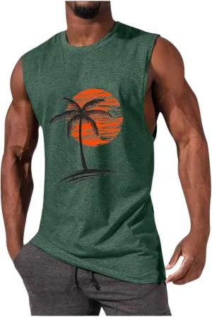 Mens Summer Beach Tank Top Hawaiian Palm Tree Print Sleeveless Muscle Basic Tee Vacation Tops