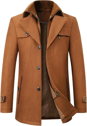 Mens Trench Coat Notched Lapel Collar Single Breasted Mid Long Length Pea Coat Casual Business Work Classic Overcoat