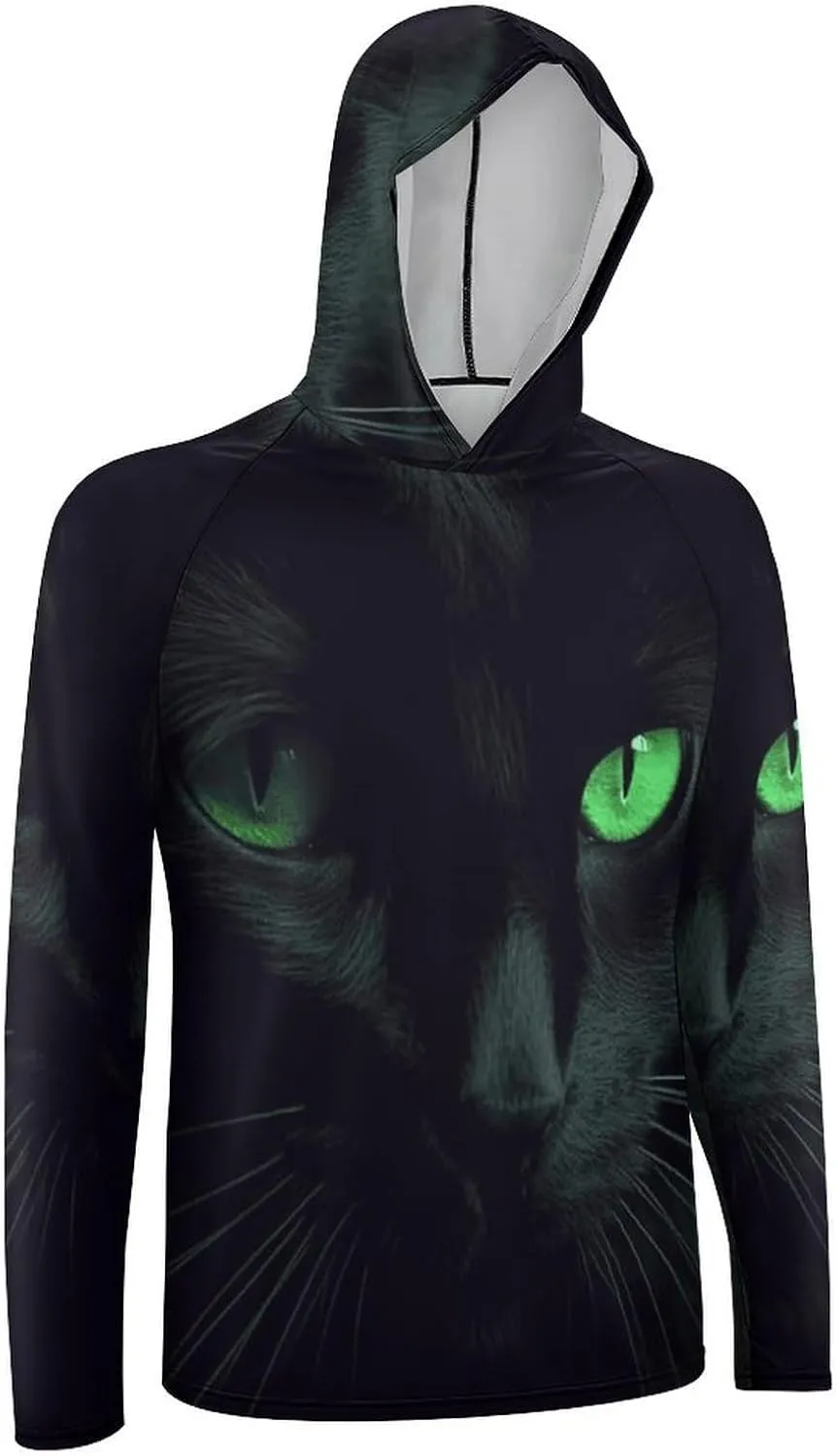 Men's UPF 50  Sun Protection Hoodie Outdoor UV Shirts Black Cat Green Eyes Long Sleeve Quick Dry Fishing Hiking Shirt