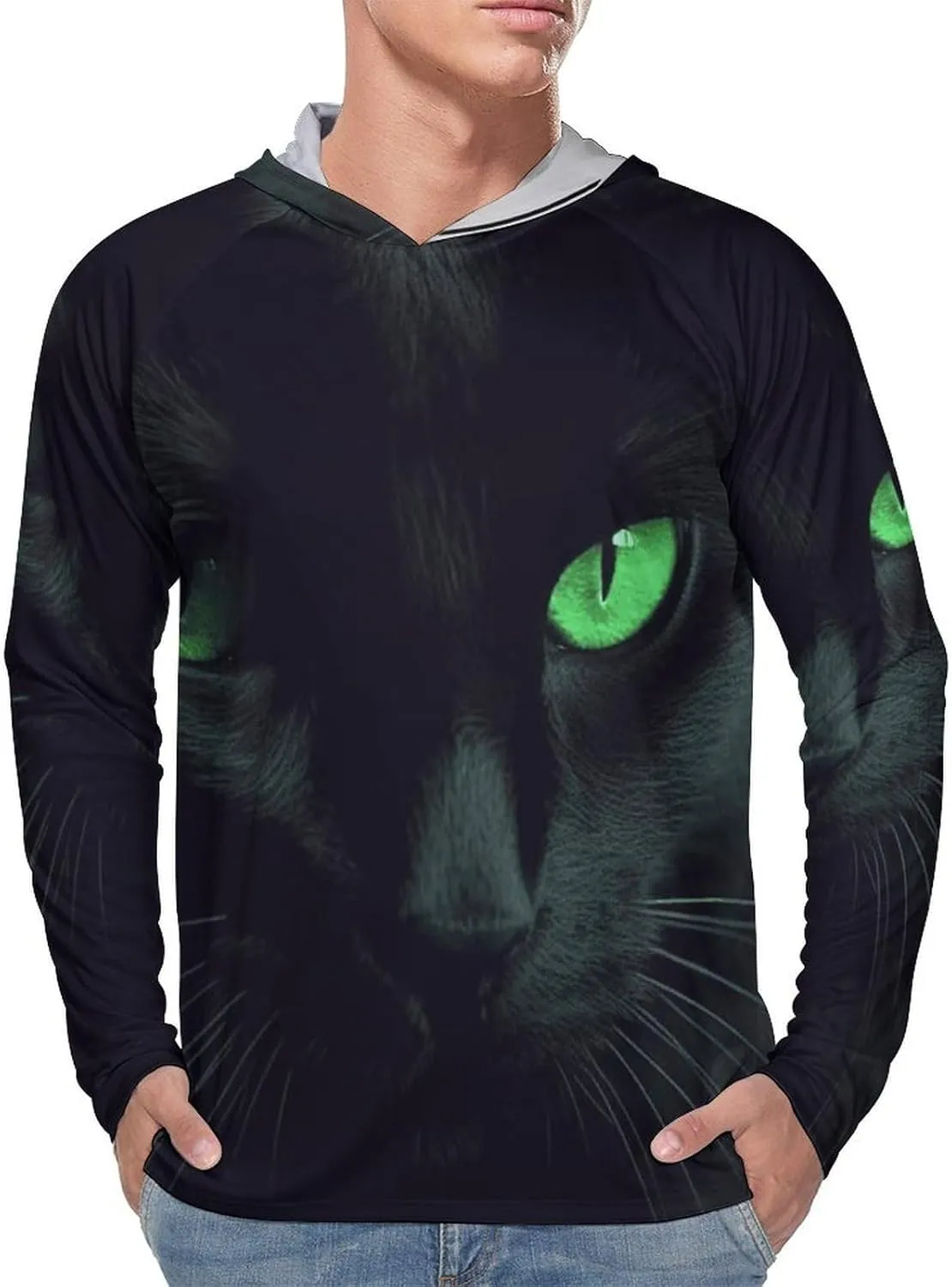 Men's UPF 50  Sun Protection Hoodie Outdoor UV Shirts Black Cat Green Eyes Long Sleeve Quick Dry Fishing Hiking Shirt