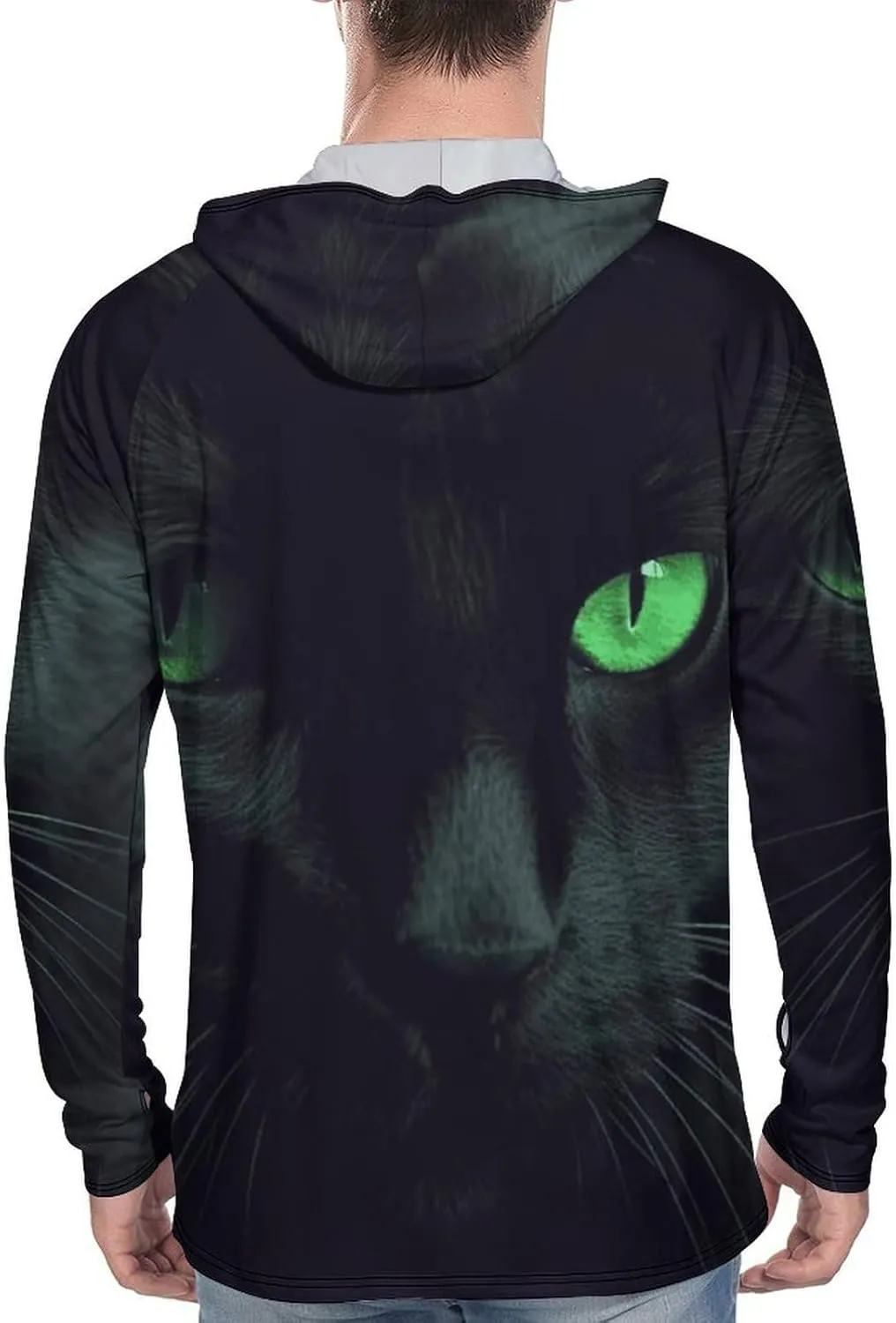 Men's UPF 50  Sun Protection Hoodie Outdoor UV Shirts Black Cat Green Eyes Long Sleeve Quick Dry Fishing Hiking Shirt