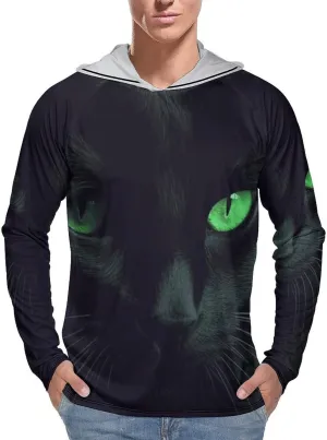 Men's UPF 50  Sun Protection Hoodie Outdoor UV Shirts Black Cat Green Eyes Long Sleeve Quick Dry Fishing Hiking Shirt