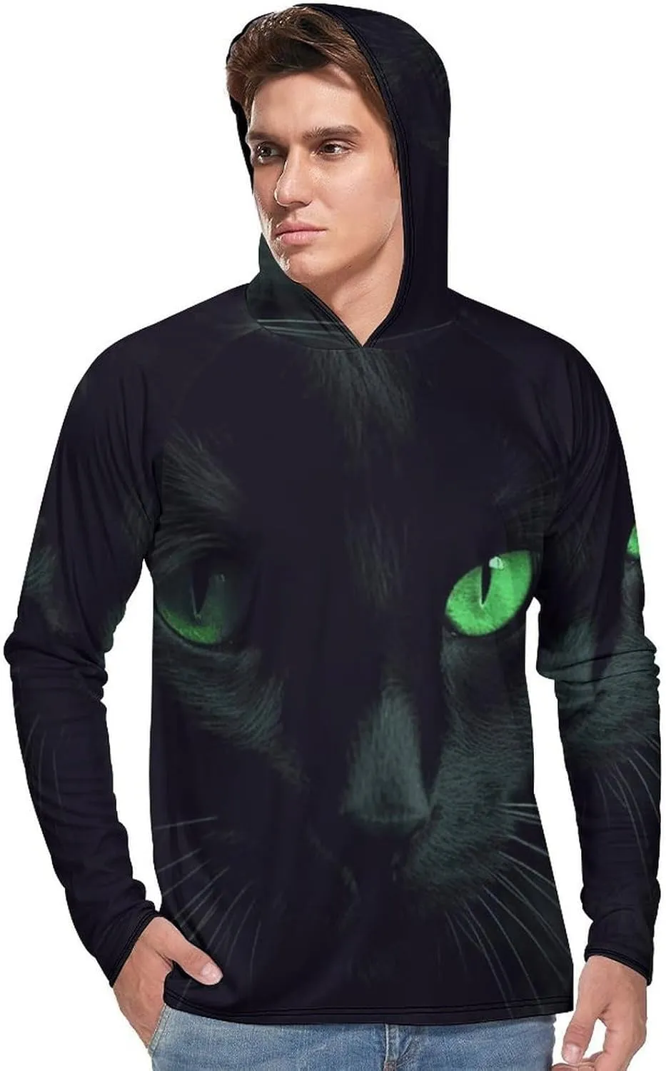Men's UPF 50  Sun Protection Hoodie Outdoor UV Shirts Black Cat Green Eyes Long Sleeve Quick Dry Fishing Hiking Shirt