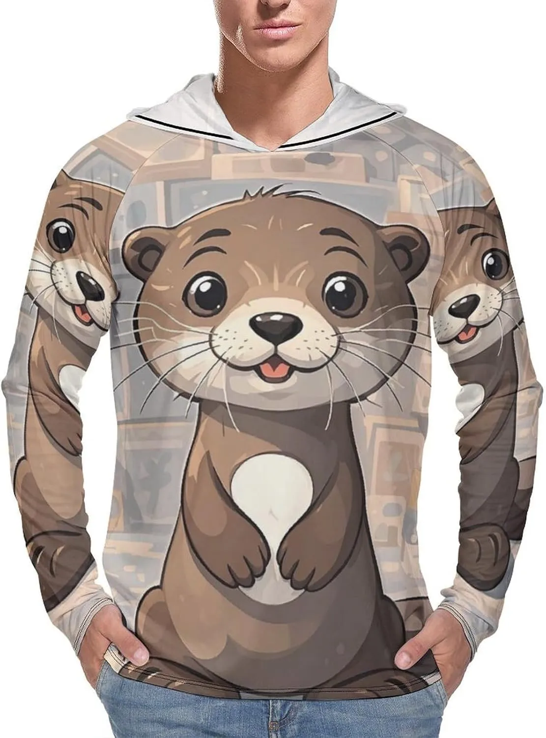 Men's UPF 50  Sun Protection Hoodie Outdoor UV Shirts Cartoon Cute Otter Long Sleeve Quick Dry Fishing Hiking Shirt