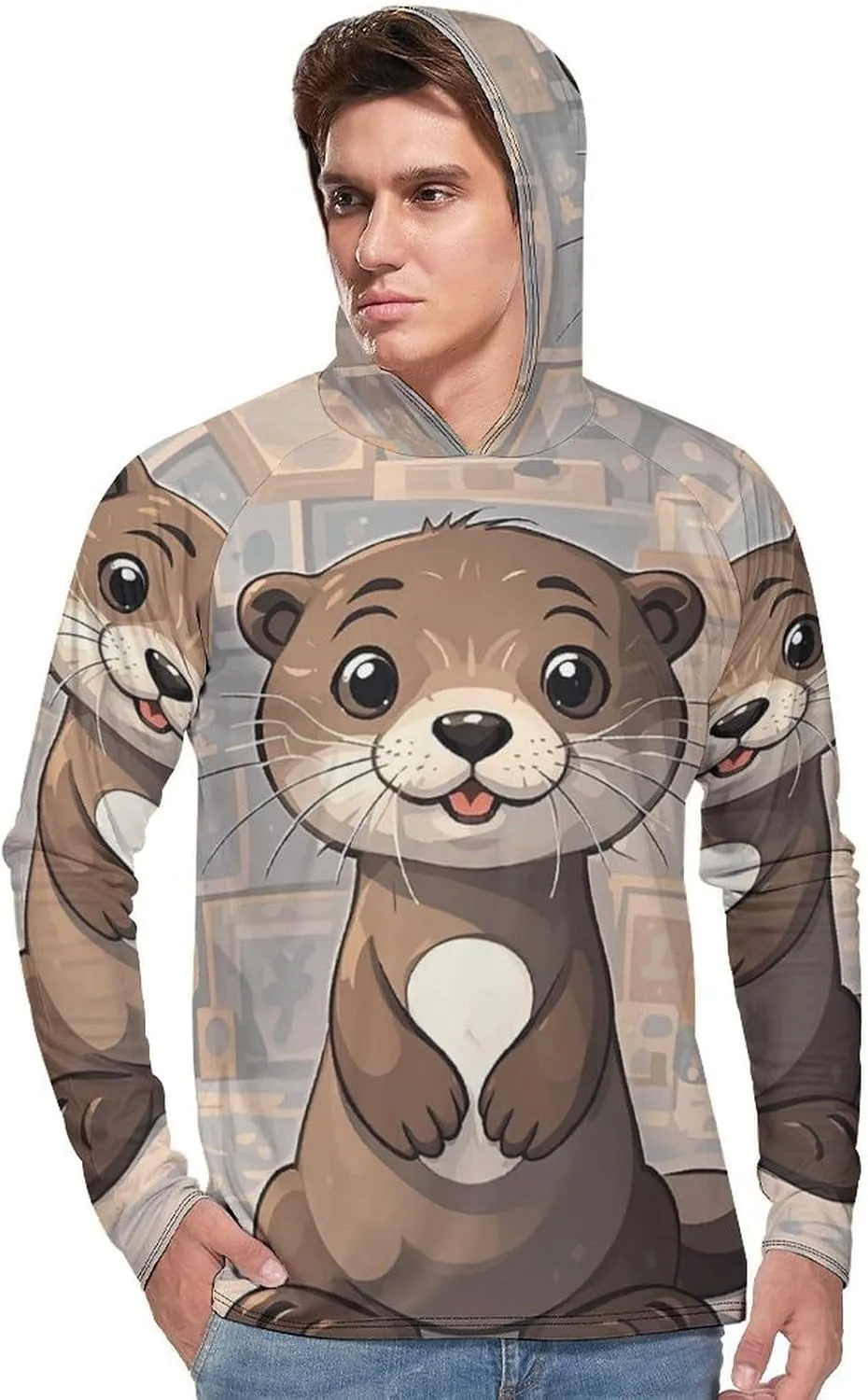 Men's UPF 50  Sun Protection Hoodie Outdoor UV Shirts Cartoon Cute Otter Long Sleeve Quick Dry Fishing Hiking Shirt