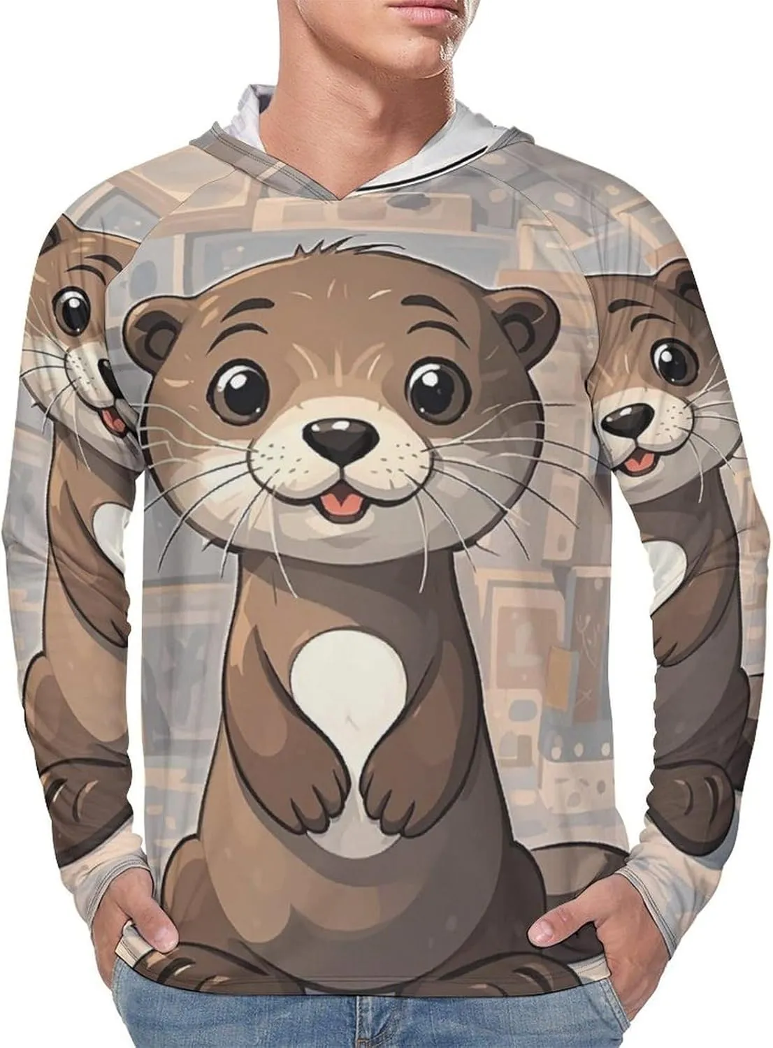 Men's UPF 50  Sun Protection Hoodie Outdoor UV Shirts Cartoon Cute Otter Long Sleeve Quick Dry Fishing Hiking Shirt