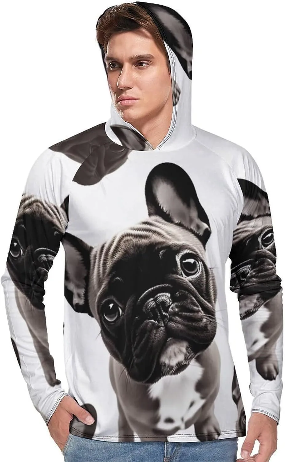 Men's UPF 50  Sun Protection Hoodie Outdoor UV Shirts French Bulldog Long Sleeve Quick Dry Fishing Hiking Shirt