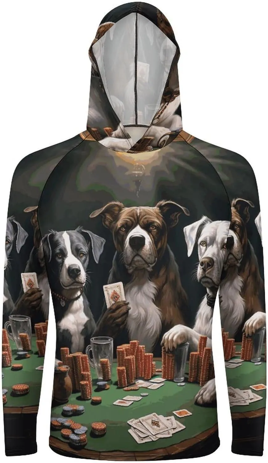 Men's UPF 50  Sun Protection Hoodie Outdoor UV Shirts Playing Poker Dogs Long Sleeve Quick Dry Fishing Hiking Shirt