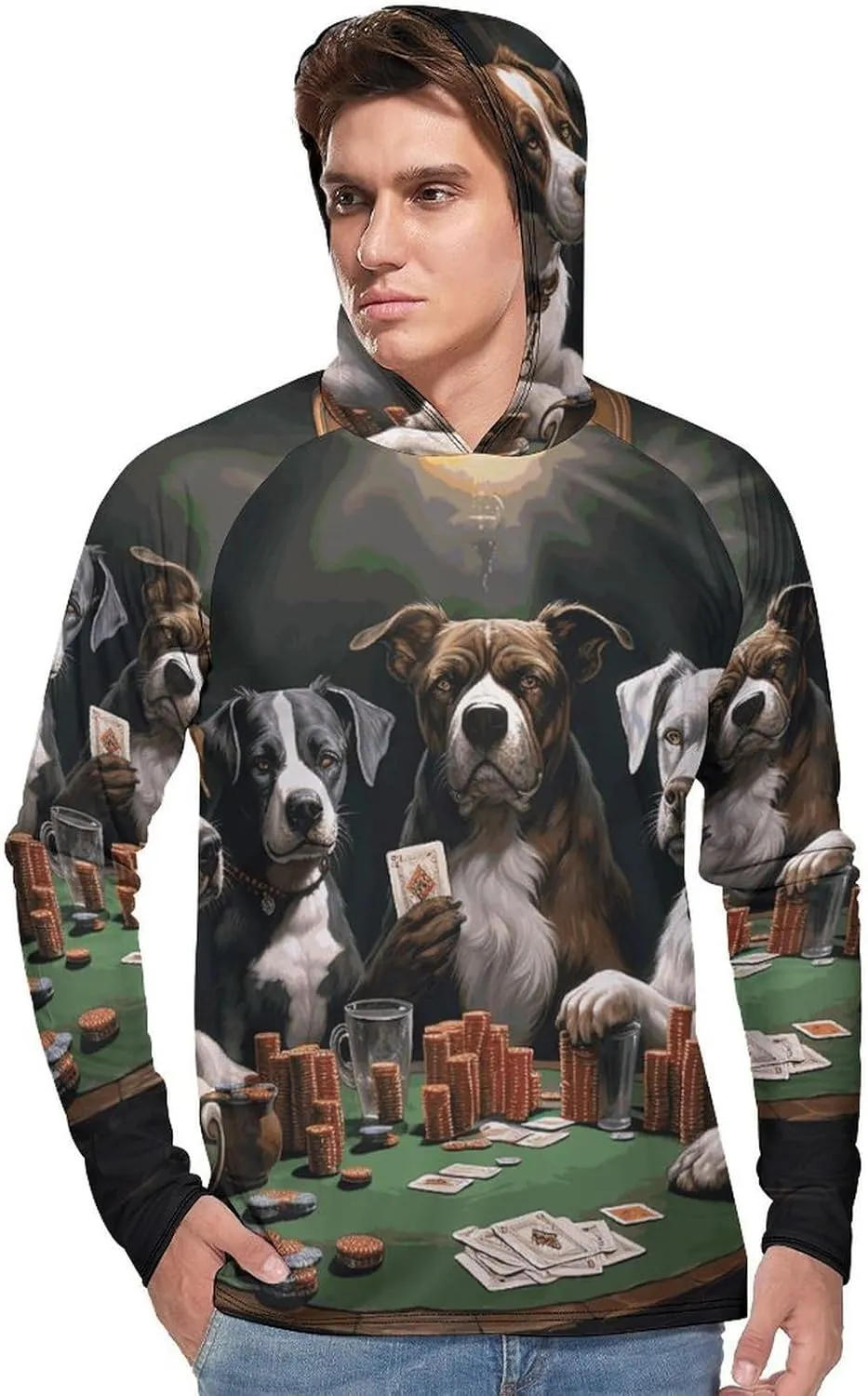 Men's UPF 50  Sun Protection Hoodie Outdoor UV Shirts Playing Poker Dogs Long Sleeve Quick Dry Fishing Hiking Shirt